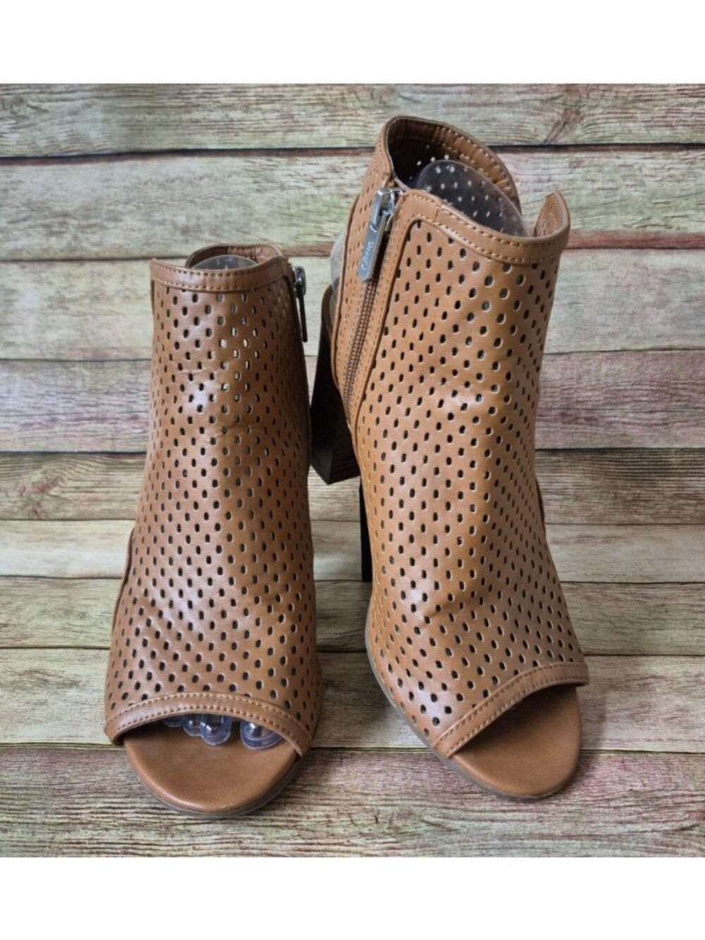 Circus by Sam Edelman Brown Block Heeled Zip Up Ankle Boots Size 7.5 Peep Toe